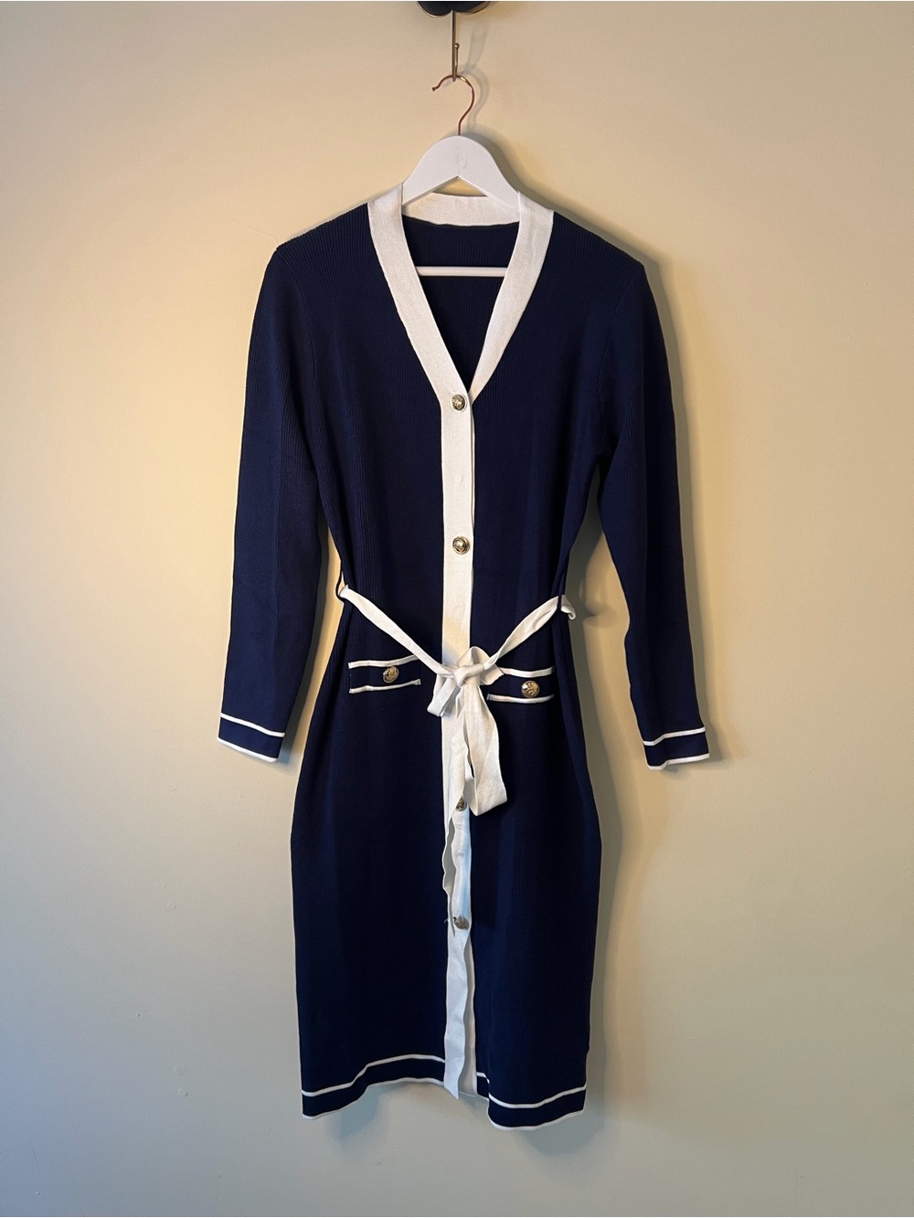 Navy Blue & White Knit Button-Front Belted Cardigan sweater Dress. Long sleeve